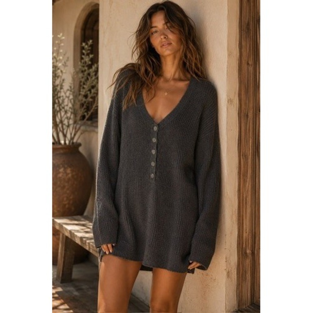 Inhabit 100% Cashmere Charcoal Gray Waffle Knit V-Neck Henley Tunic Sweater M
